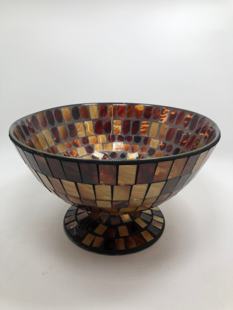BROWN GLASS MOSAIC FOOTED BOWL.