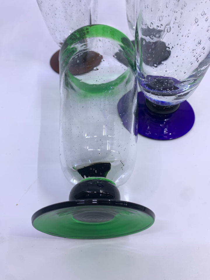 4PC BLOWN GLASS CUPS W/DIFF COLOR RIM & BASE.