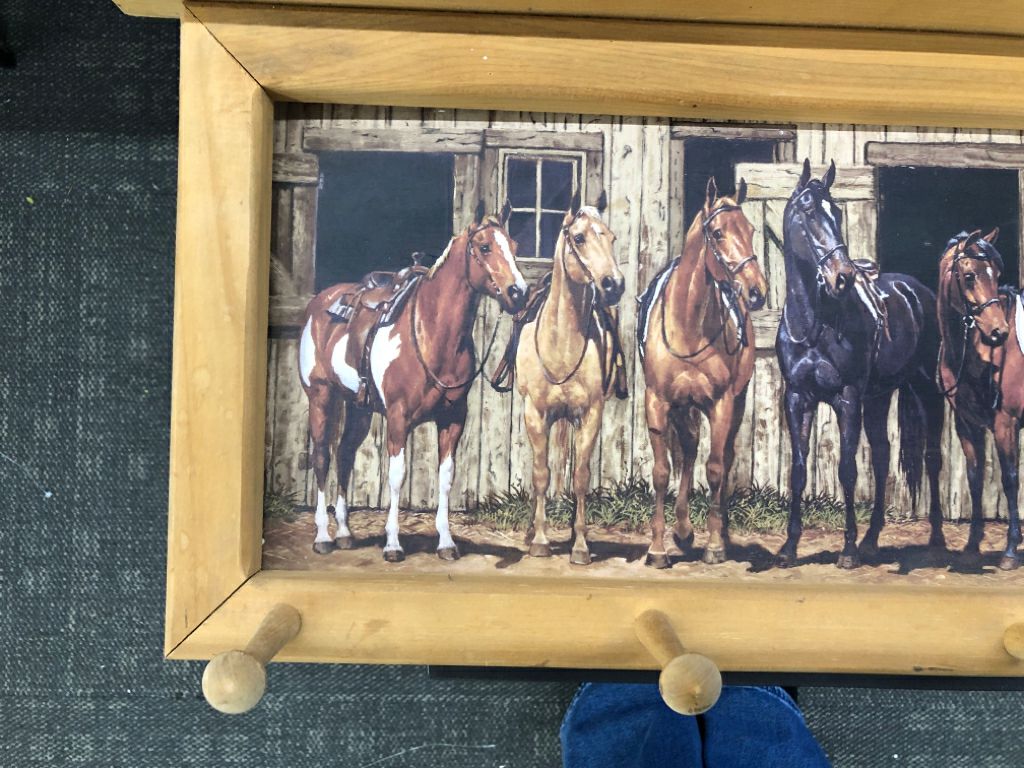 HORSES AT BARN FRAMED PRINT WITH 4 HOOKS.