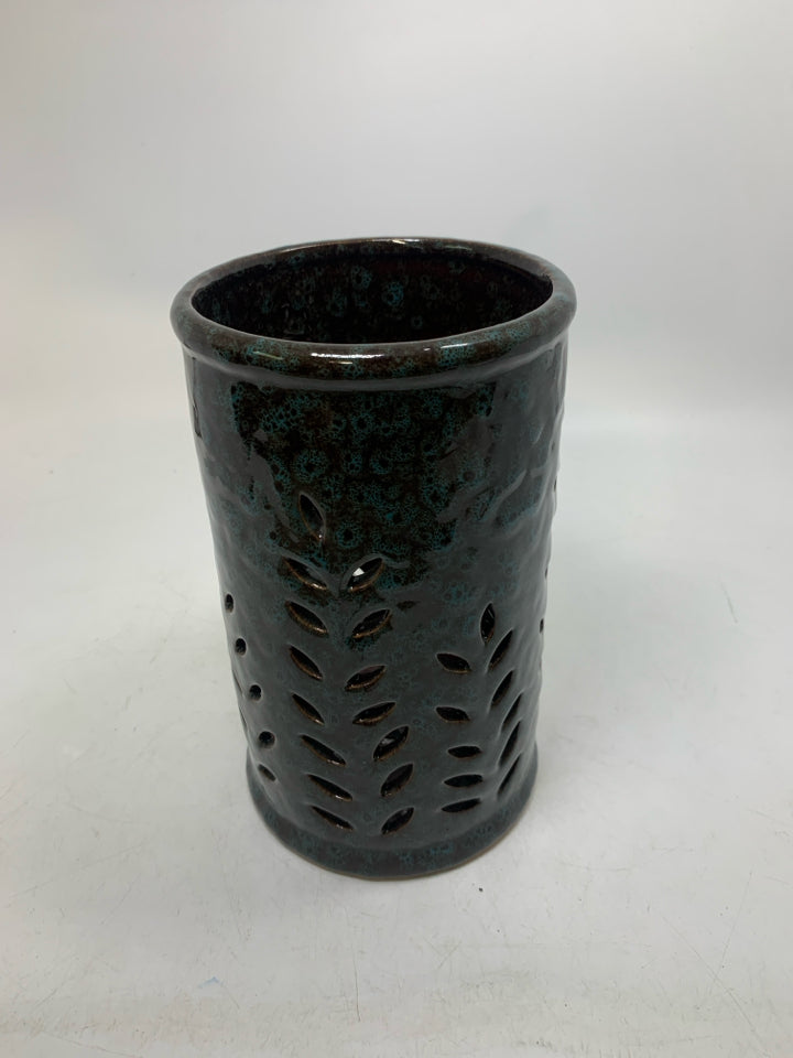 PIERCED CYLINDER TEAL SPECKS PILLAR CANDLE HOLDER.