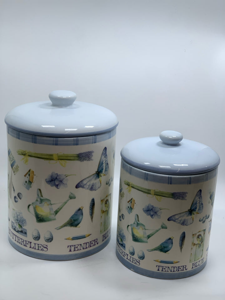 2 BLUE BIRDS AND BUTTERFLIES CANISTERS.