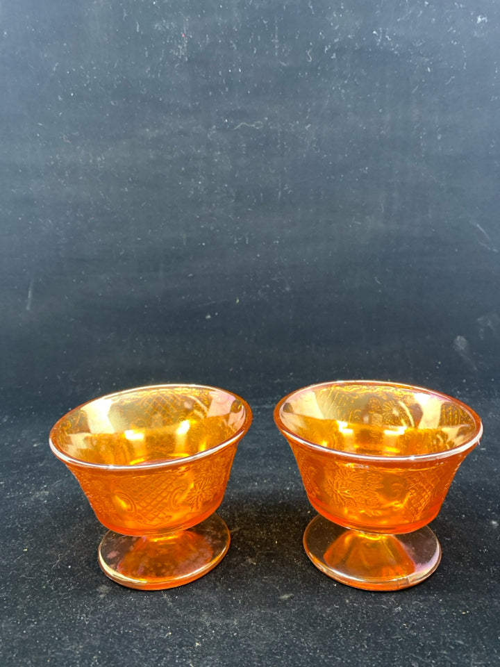 2 FOOTED VTG CARNIVAL GLASS DESSERT BOWLS.