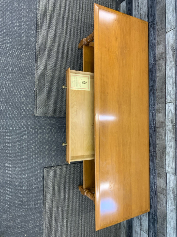 BLONDE WOOD 2 TIER COFFEE TABLE W/ DRAWER- CONANT BALL FURNITURE.