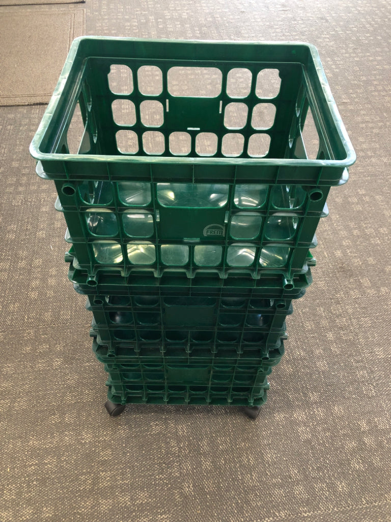 3PC STACKED GREEN ROLLING CRATE.