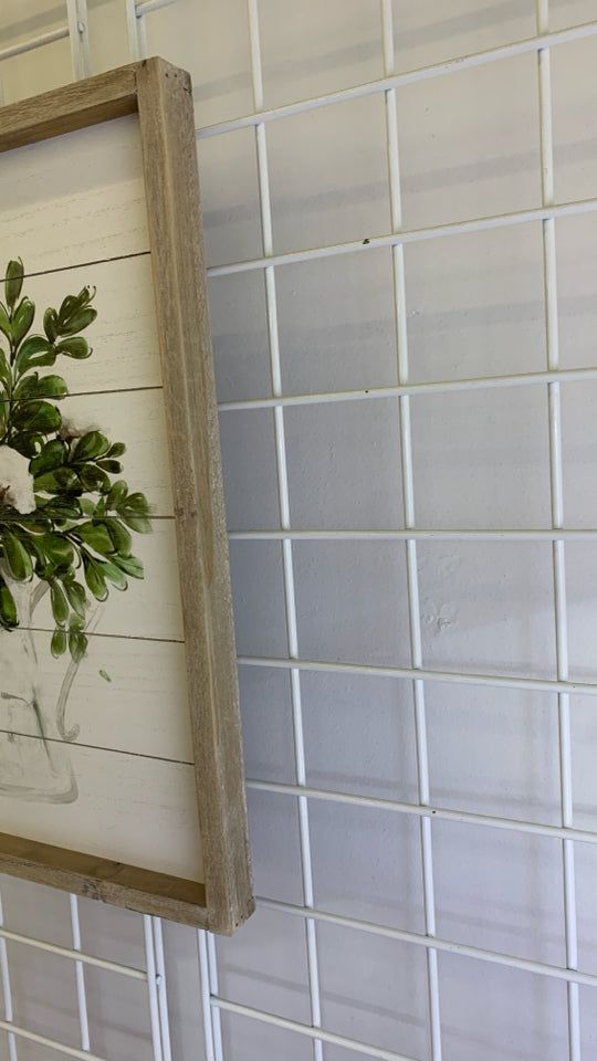 GREENS IN WHITE WASHED WOOD FRAME WALL ART.