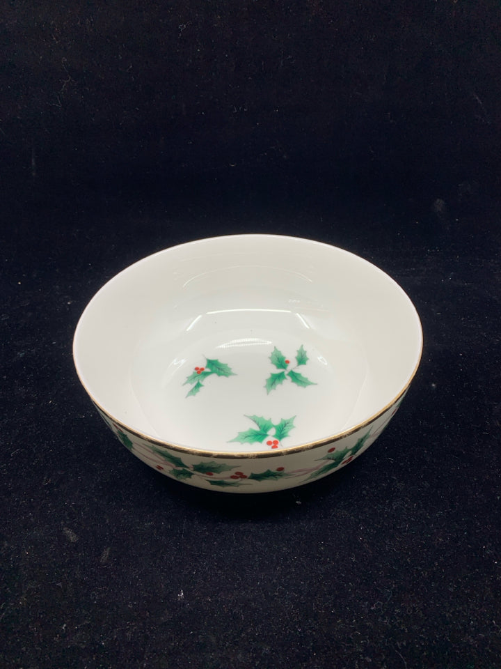 MIKASA HOLLY BOWL W GOLD RIM.