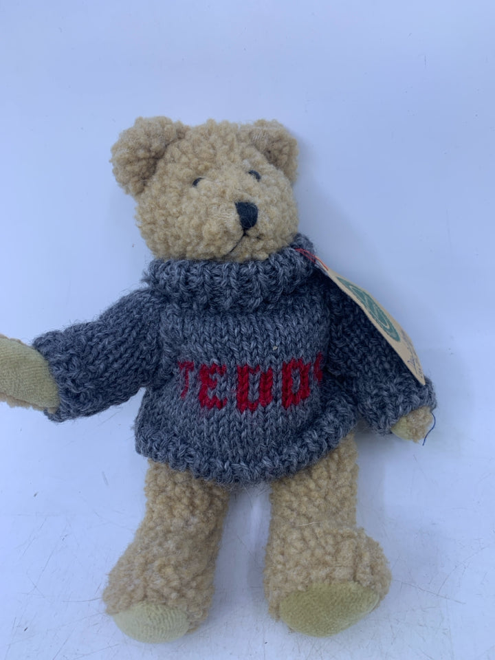 SMALL TAN BEAR W/ DARK BLUE TEDDY SWEATER BOYDS BEAR.
