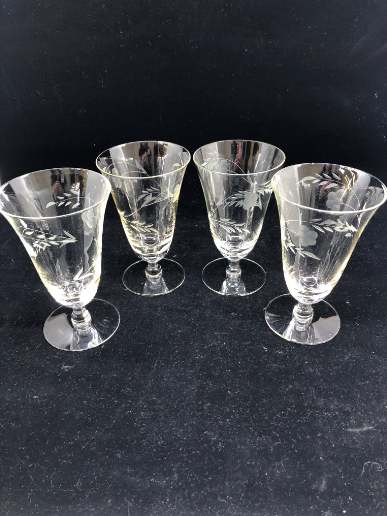 4 FLORAL LEAF ETCHED CRYSTAL WATER GLASSES.