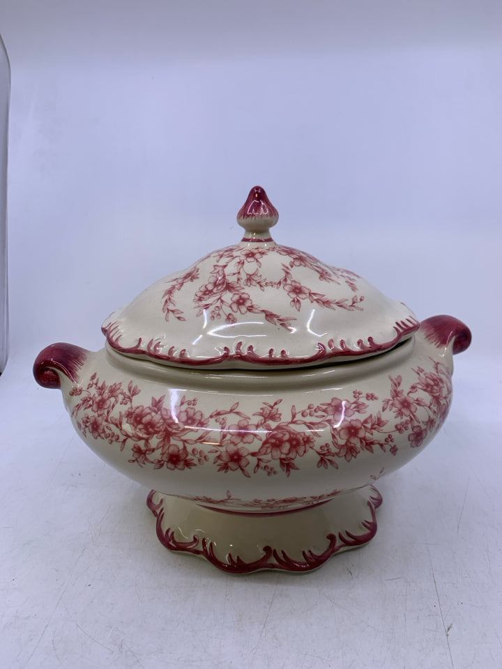 IVORY & RED FLORAL CERAMIC W/ SPOON.