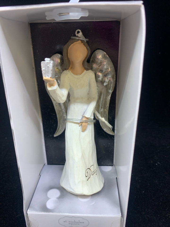 NIB ANGEL "DAUGHTER" HOLDING A GIFT ORNAMENT.