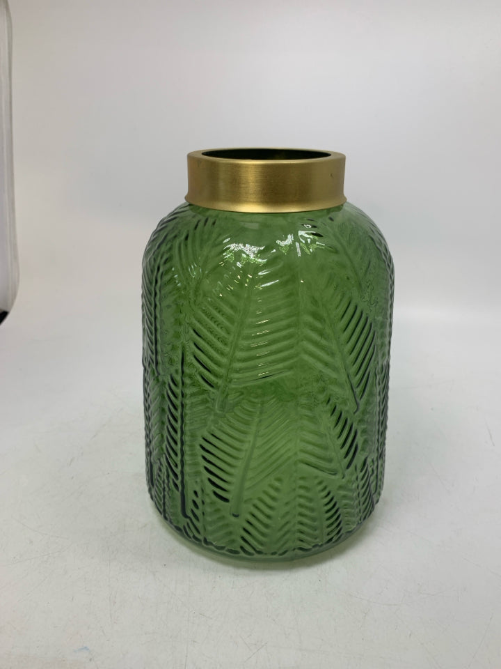 TEXTURED DARK GREEN VASE W/ GOLD METAL TOP.