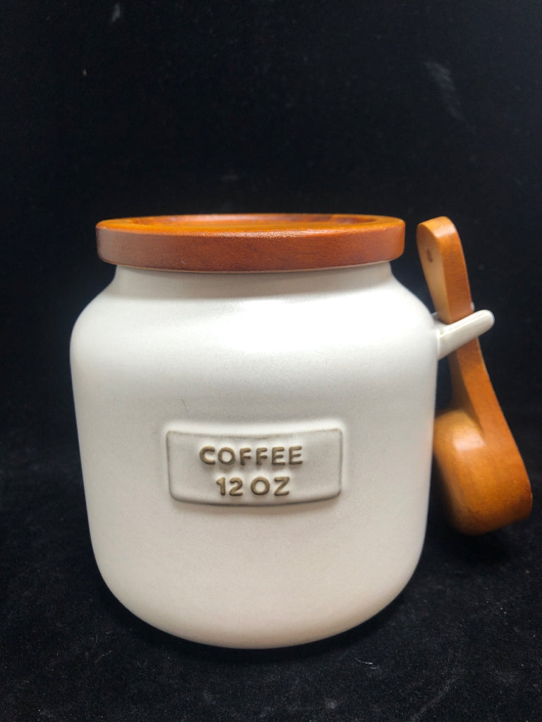 COFFEE CONTAINER W/WOOD LID AND WOOD SPOON.
