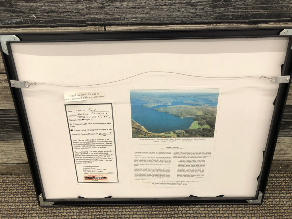 FRAMED QUABBIN RESERVOIR "LONE PINE" PHOTO- SIGNED.