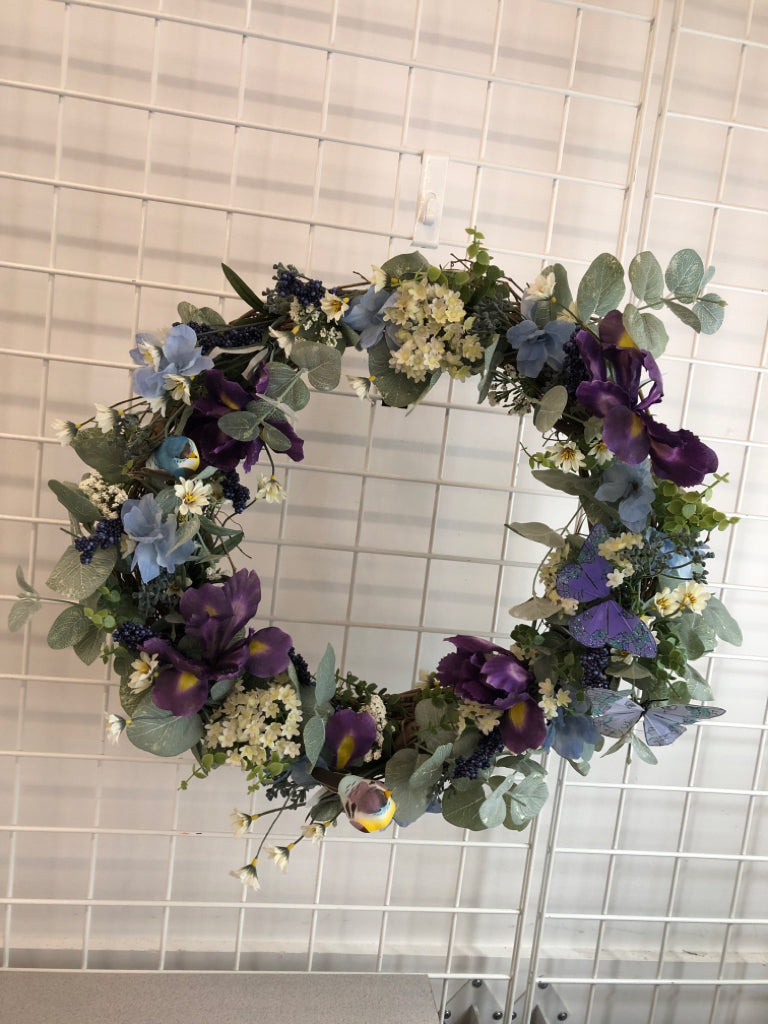 FAUX PURPLE FLORAL SPRING WREATH W/EUCALYPTUS.