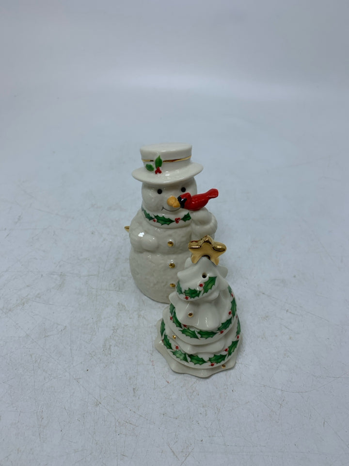 LENOX SNOWMAN W/ CARDINAL ON HAND & CHRISTMAS TREE SALT/PEPPER SHAKERS.