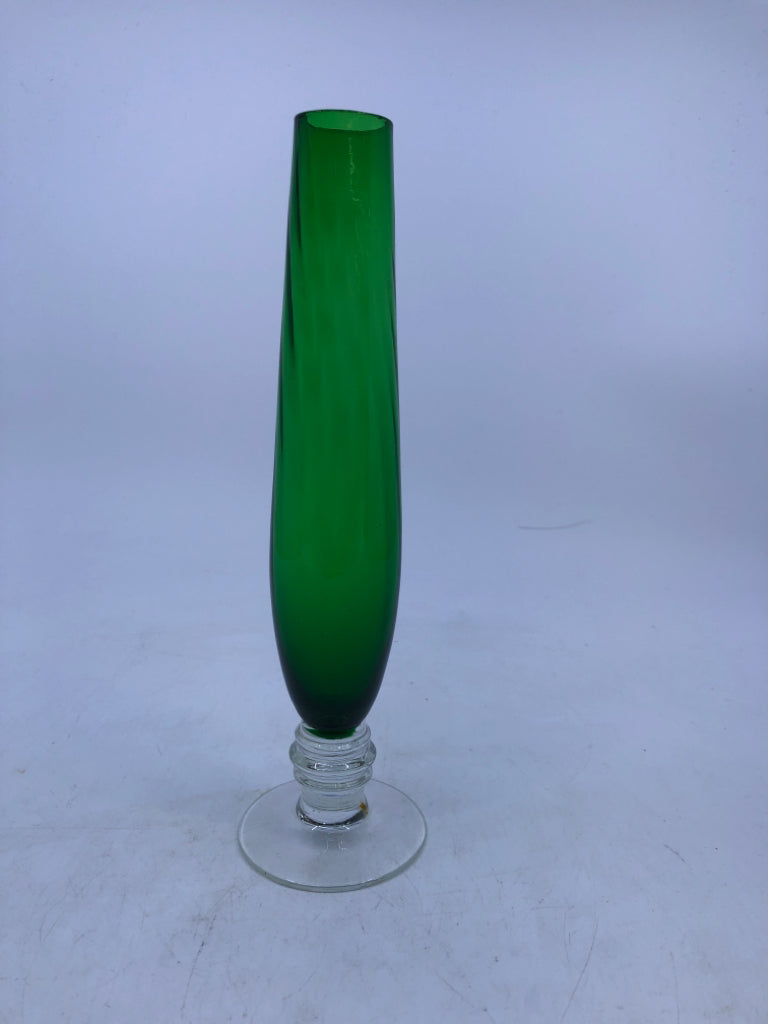 GREEN GLASS VASE CLEAR FOOTED BASE.