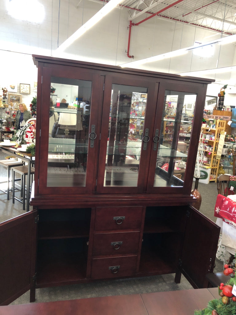 DARK DINING HUTCH-LIGHT UP GLASS UPPER, DRAWER + CABINET LOWER/ CIRCLE HARDWARE.