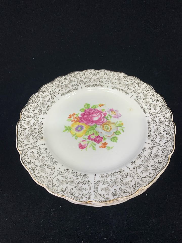 10 VTG APPETIZER PLATES IVORY GOLD DESIGN W/ COLORFUL BOUQUET.