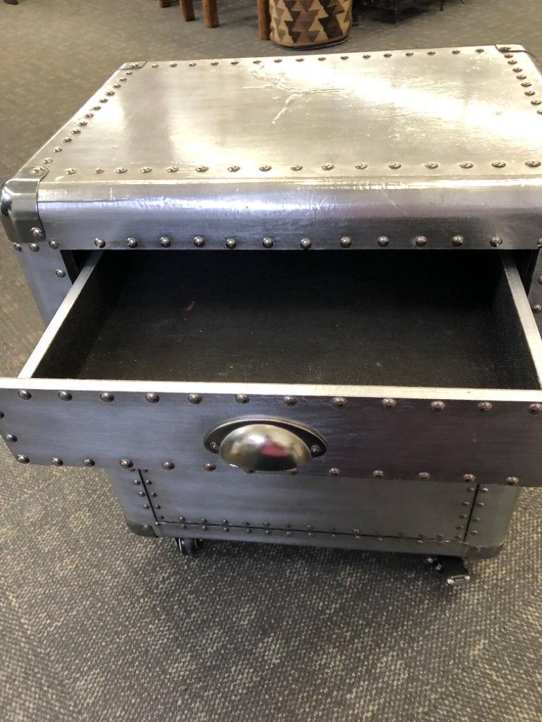 SILVER STUDDED 2 DRAWER NIGHTSTAND ON WHEELS.