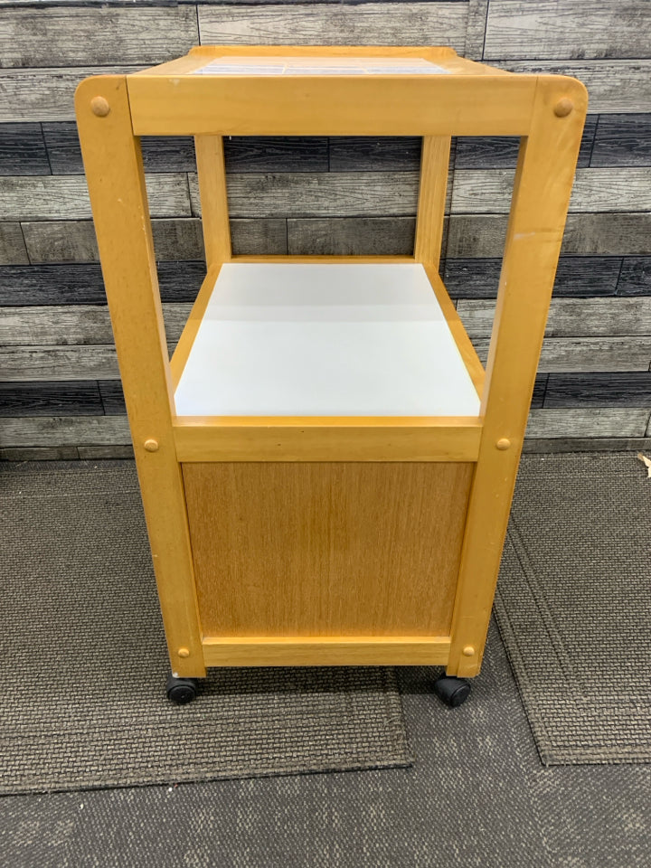 ROLLING KITCHEN CART BLONDE WOOD & WHITE W/TILE COUNTER TOP & 2 DOORS.