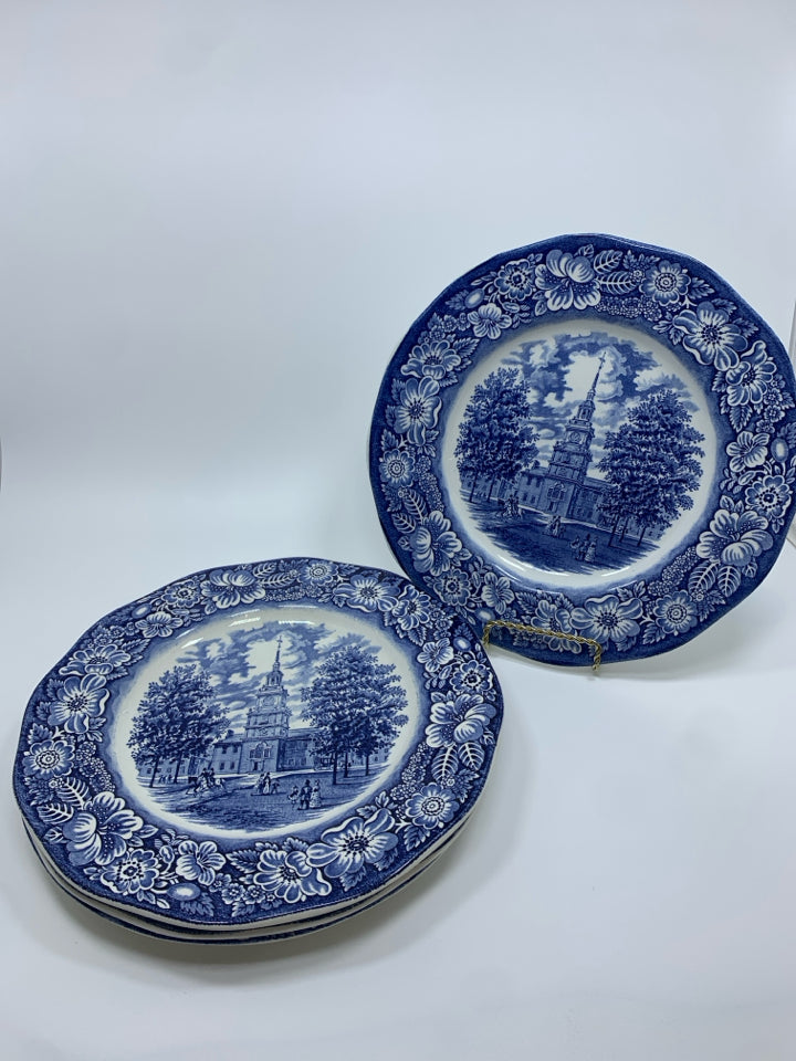 4 VTG LIBERTY BLUE HISTORIC COLONIAL SCENE DINNER PLATES.