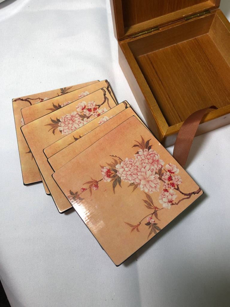 7 WOOD CHERRY BLOSSOM COASTERs IN BOX.