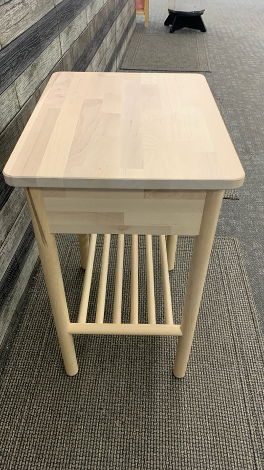 UNFINISHED WOOD NIGHTSTAND W/FAUX LEATHER DRAWER PULL.