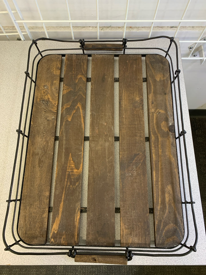DARK WOODEN TRAY W/METAL SIDES & HANDLES.
