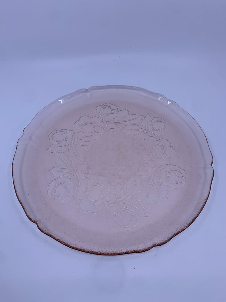 ARCOROC PINK GLASS PLATTER W/ EMBOSSED FLOWERS.