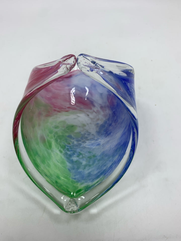 BLUE, PINK, GREEN SWIRLED BLOWN GLASS BASKET.