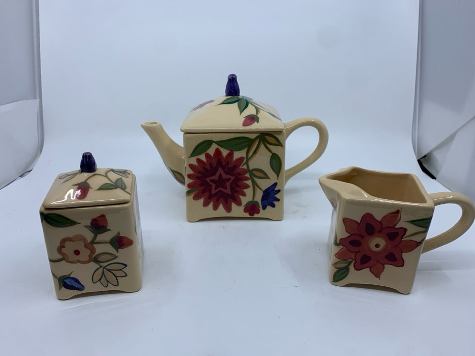 SAPARNA FLORAL  TEA POT SUGAR AND CREAMER.