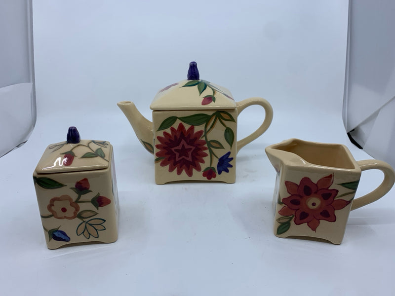 SAPARNA FLORAL  TEA POT SUGAR AND CREAMER.