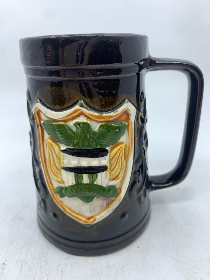 5 BLACK COAT OF ARMS BEER STEINS.