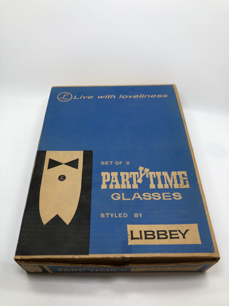 8 VTG COIN PRINTED PARTY TIME GLASSES IN BOX.