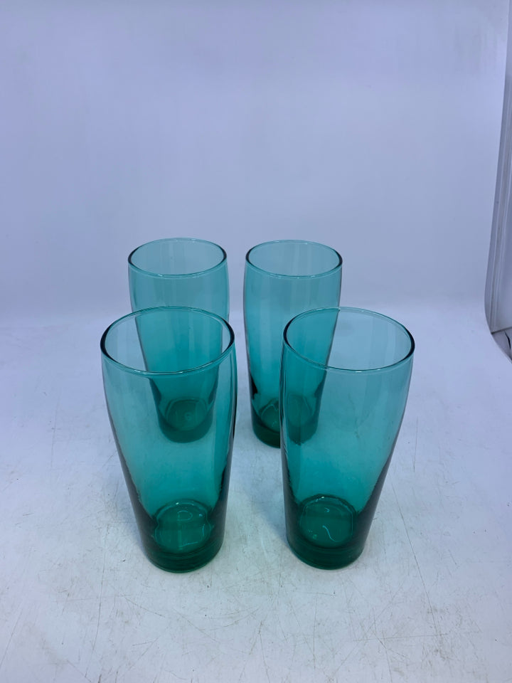 4 GREEN GLASS TUMBLERS.