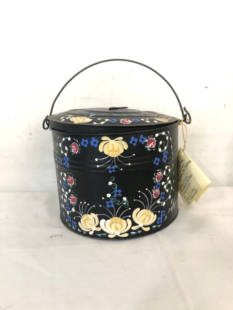 ANTIQUE MAINE TINWARE BLACK TIN W/ PAINTED FLOWERS HANDLES.