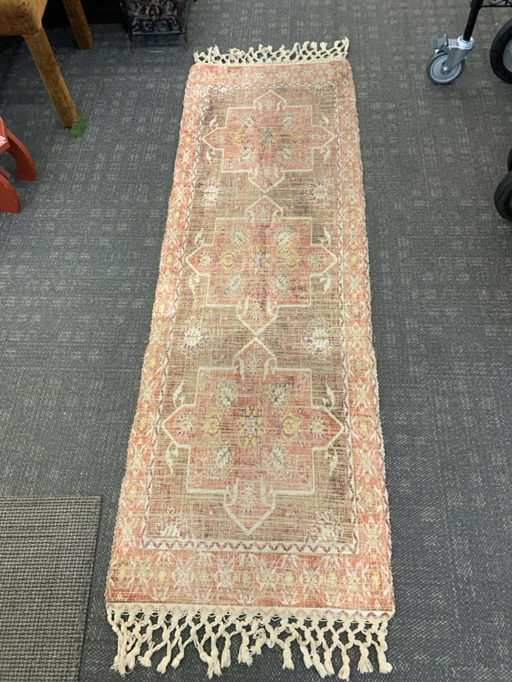 TAN AND RED MANDALA ACCENT RUG RUNNER.