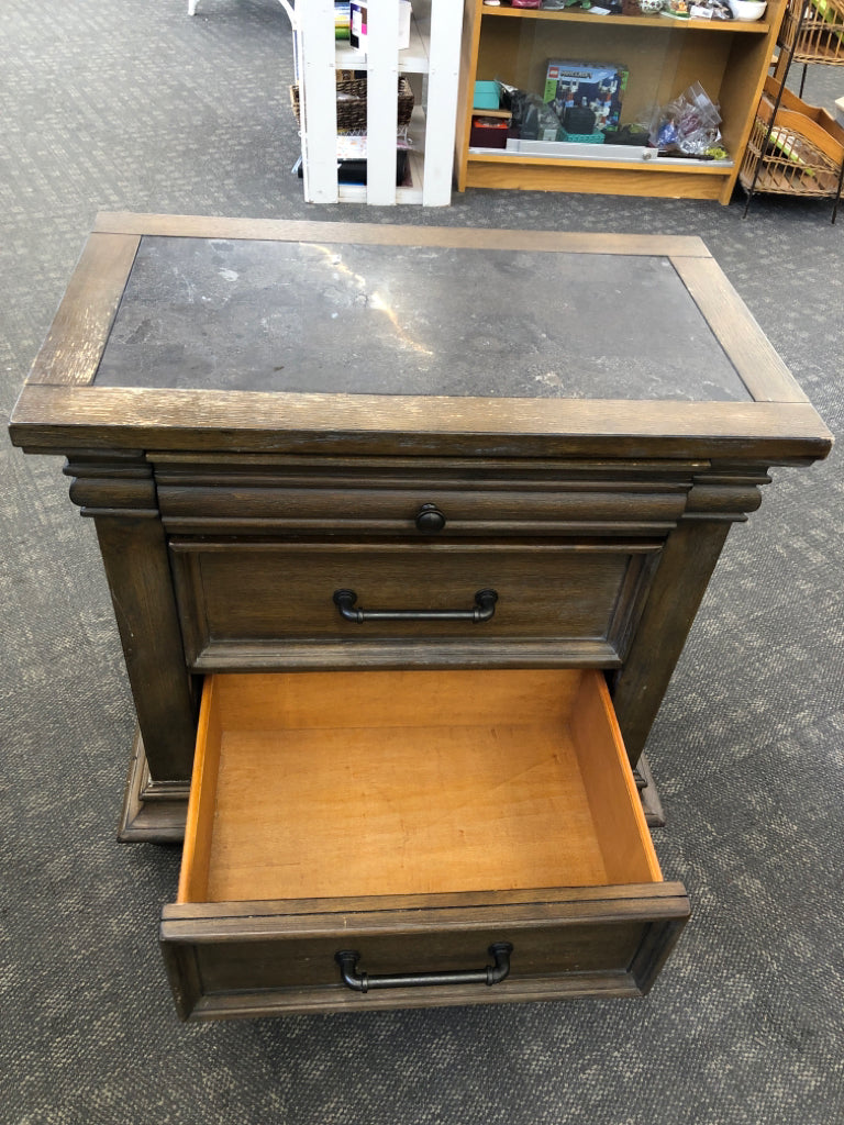 3 DRAWER TUSCANY BROWN NIGHTSTAND W/SLATE TOP.
