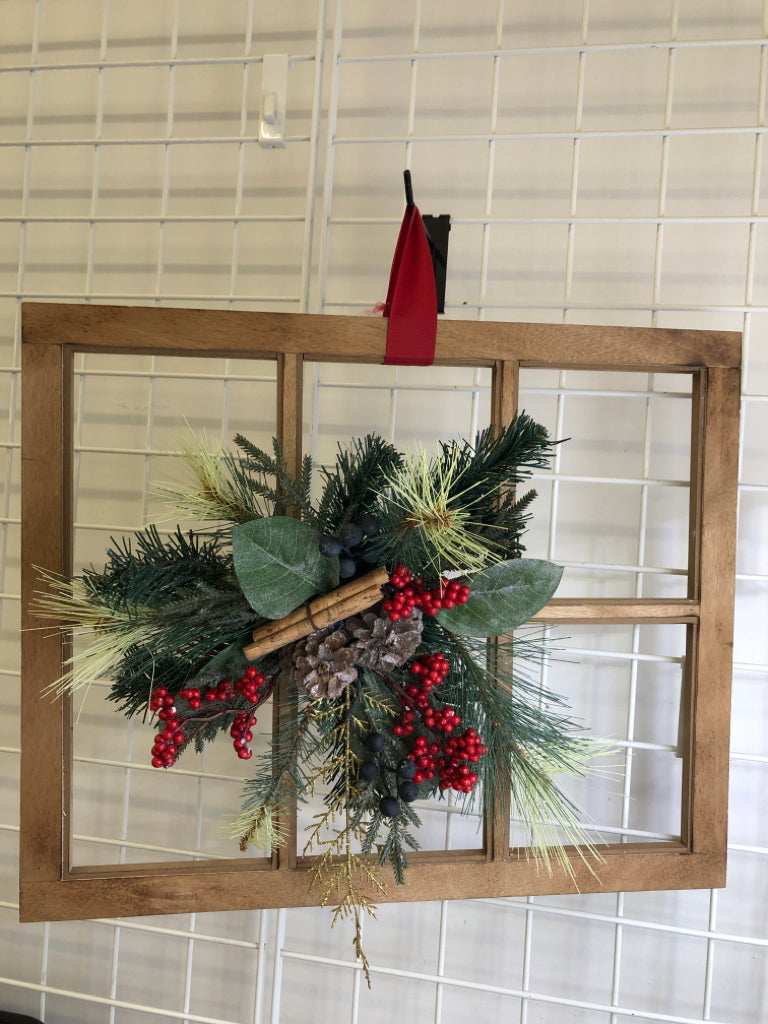 HOLLY BERRIES AND PINE ON WINDOW WALL HANGING.