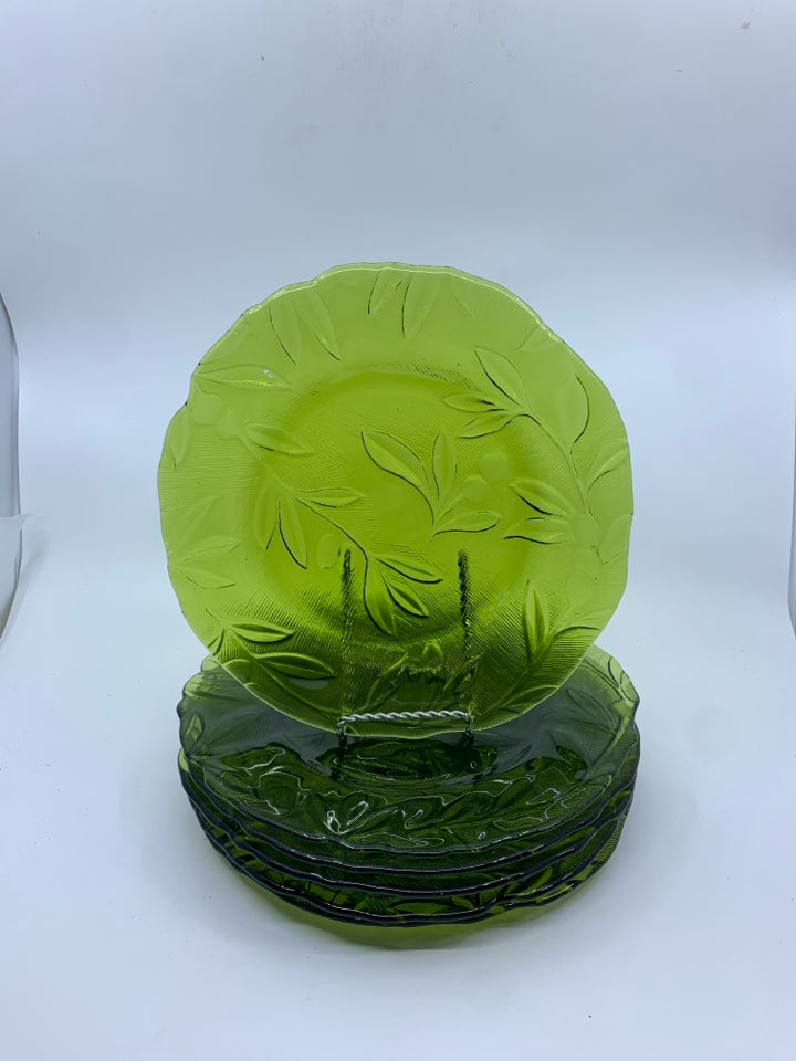 6 GREEN GLASS PLATES W SLIGHT TEXTURE.