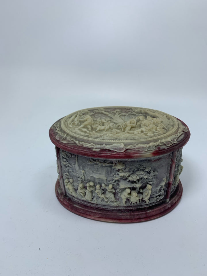 VTG INCOLAY STONE OVAL LARGE TRINKET BOX W/ CARVED VILLAGE LIFE SCENE.