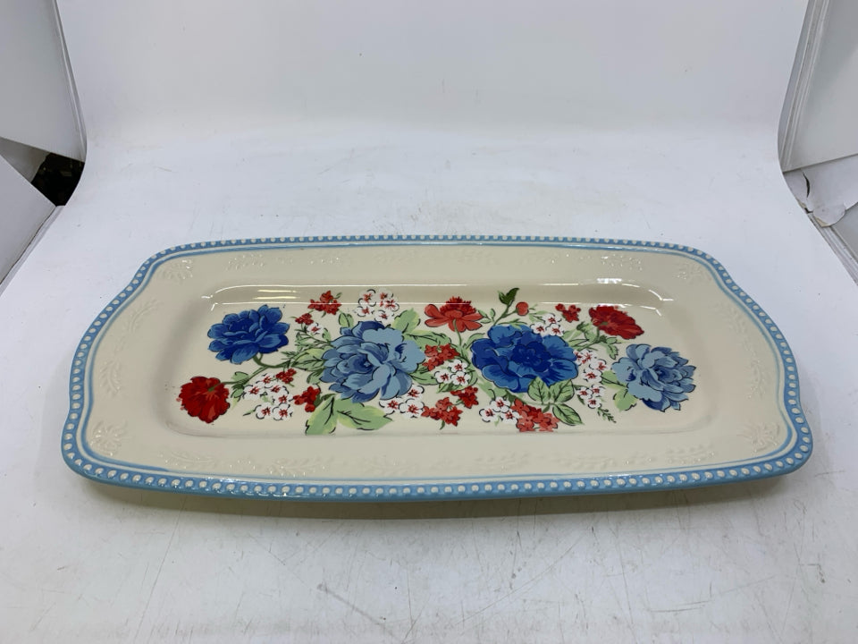 BLUE,RED FLORAL PLATTER BEADED EDGE RECTANGLE.