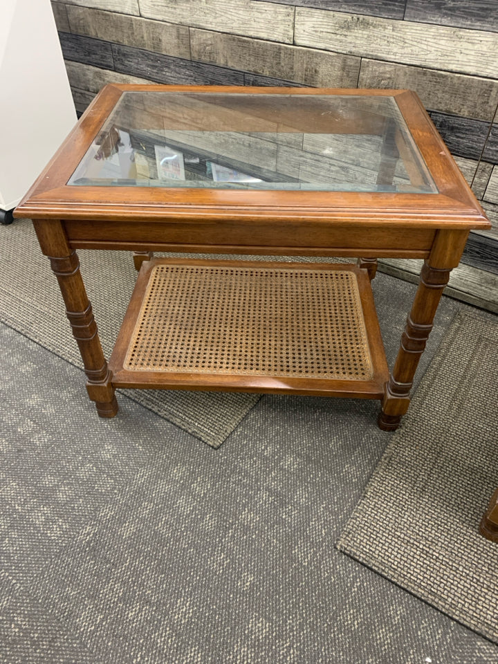 DARK WOOD GLASS TOP SIDE TABLE W BOTTOM SHELF.