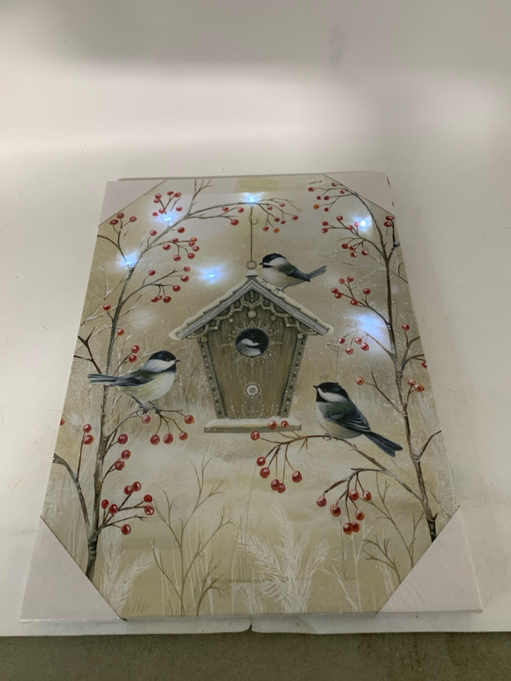NIP LIGHT UP SNOWY BIRD HOUSE W/ CHICKADEES CANVAS.