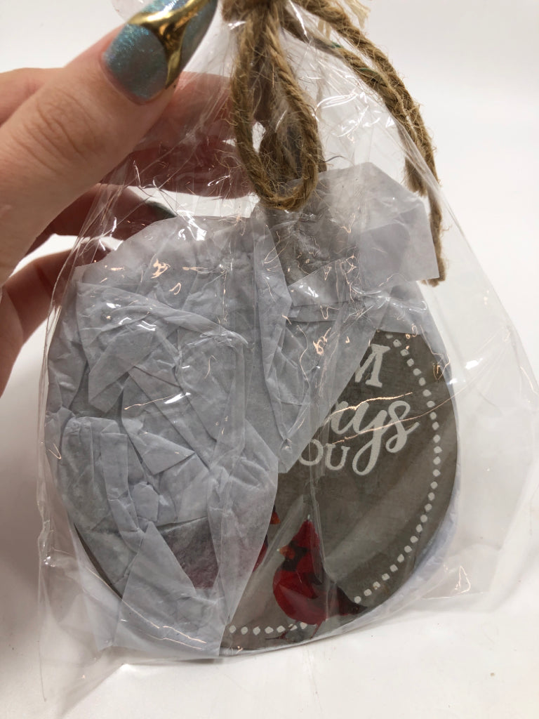 3 PK ROUND METAL CARDINAL "I AM ALWAYS WITH YOU" ORNAMENT.