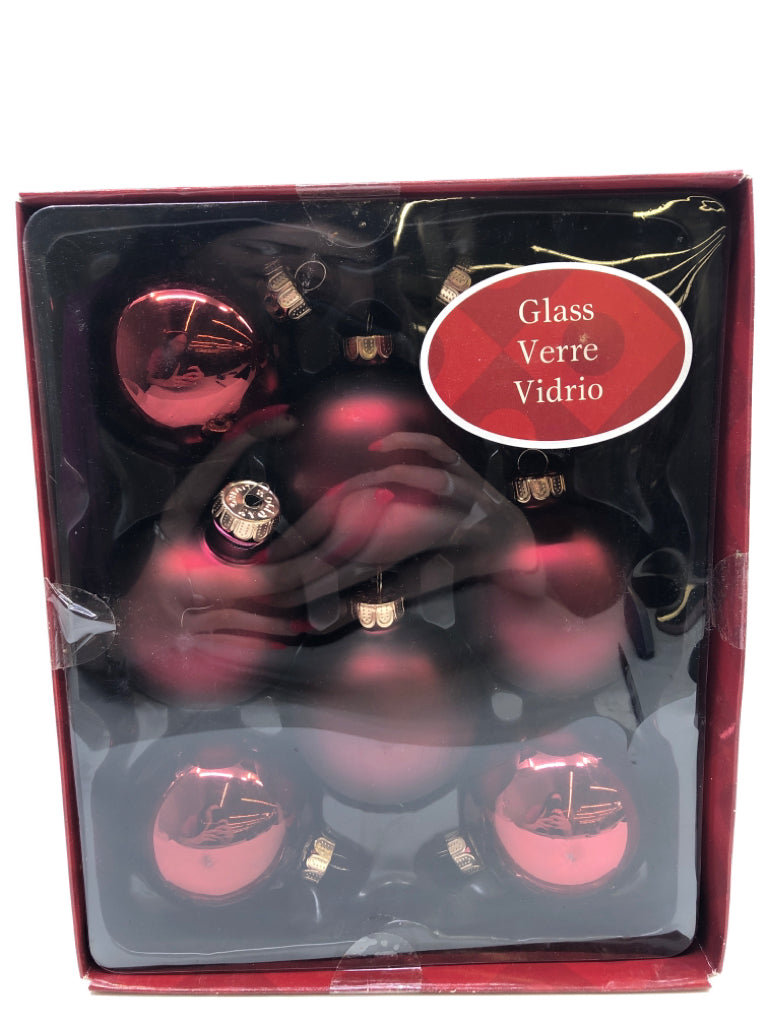 NIP 8 MAROON GLASS ORNAMENTS.