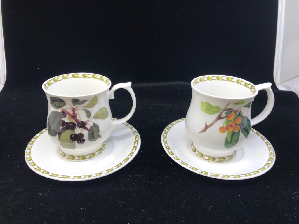 2 FRUIT PAINTED W GREEN RIM TEACUP AND SAUCERS -HOOKER'S FRUIT