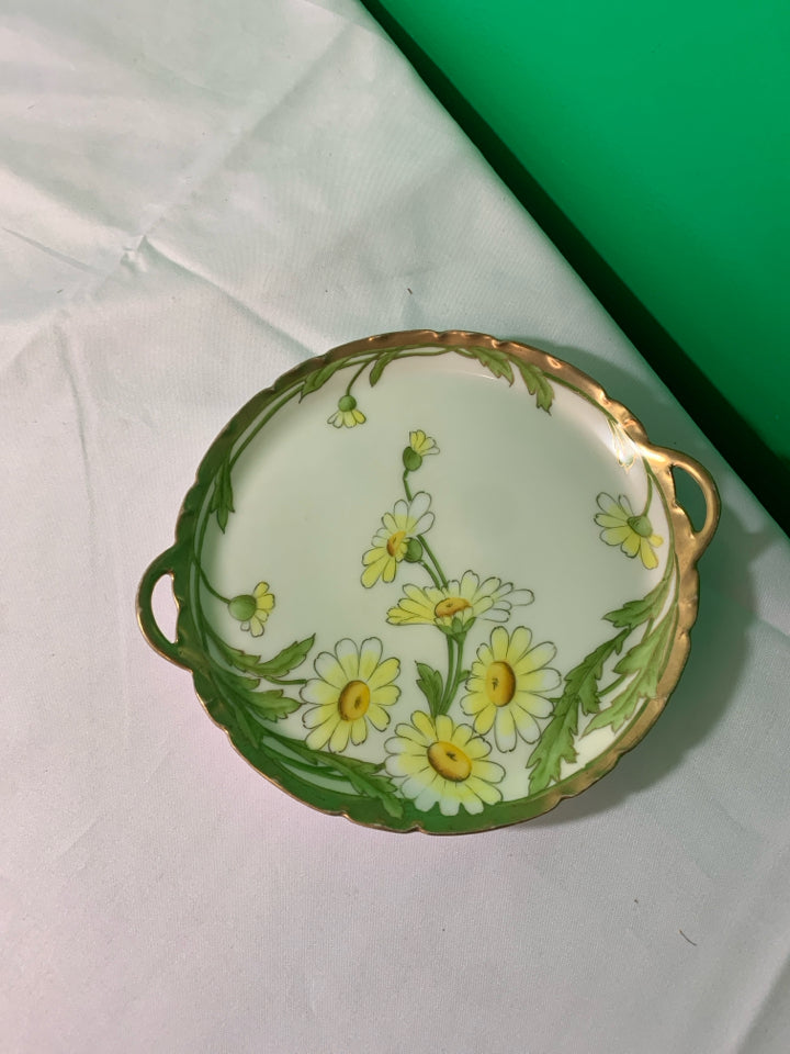 VTG YELLOW FLORAL W GOLD ACCENTS PLATE W HANDLES.