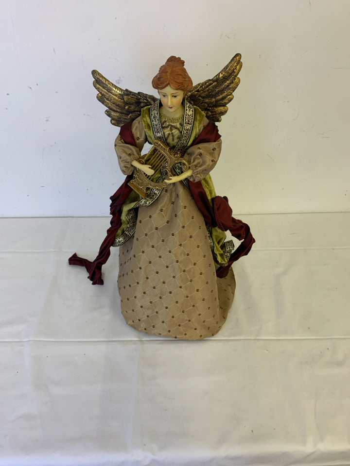 BROWN AND MAROON ANGEL W HARP TREE TOPPER.