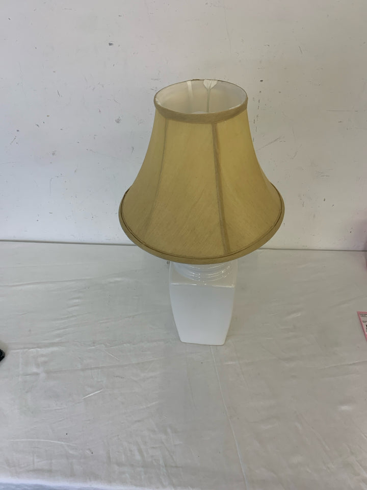 WHITE BASE LAMP W TAN SHADE.